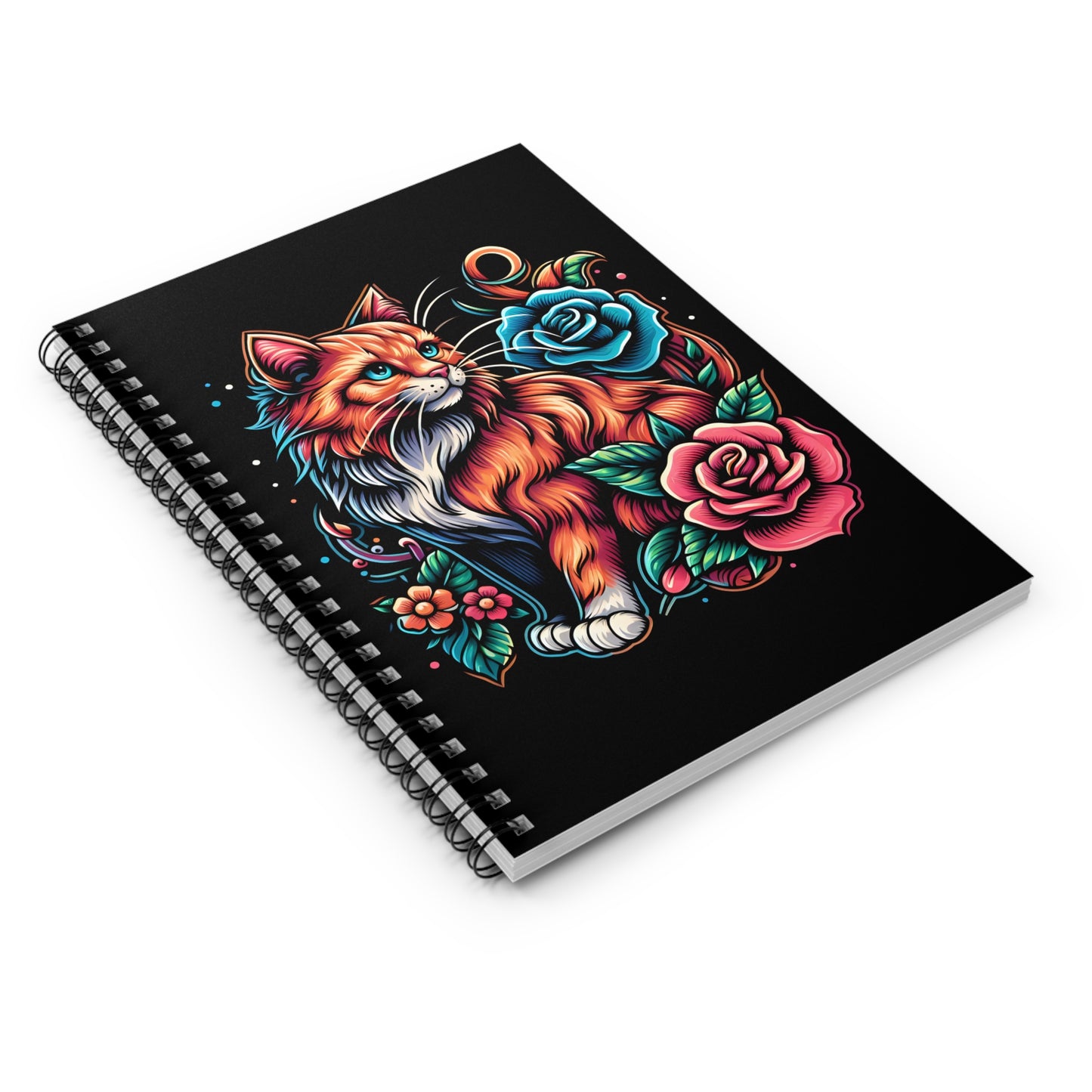 Tattoo Cat and Roses Spiral Notebook